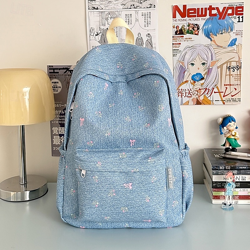 Floral Print Denim-Style Backpack for Girls – Cute Lightweight School Bag with Small Bow and Flower Pattern for Teen Students2