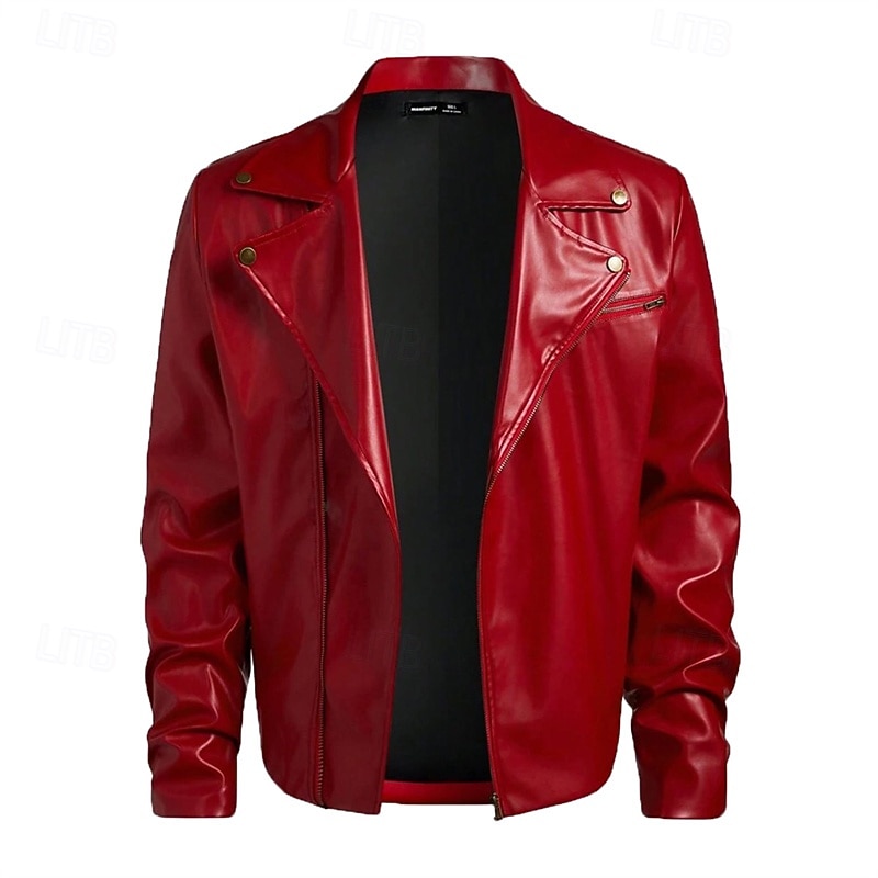 Men's Faux Leather Jacket Biker Jacket Motorcycle Jacket Vacation Daily Windproof Warm Zipper Fall Winter Plain Fashion Classic Lapel Regular Red Jacket