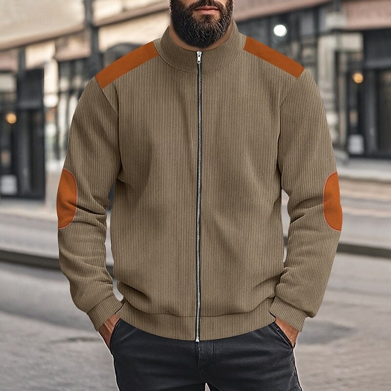 Men's Sweatshirt Corduroy Full Zip Sweatshirt Apricot Black White Navy Blue Coffee Standing Collar Plain Patchwork Color Block Sports & Outdoor Casual Daily Streetwear Cool Sportswear Spring &  Fall2