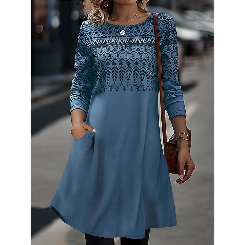 Women's Midi Dress Sheath Dress T Shirt Dress Tee Dress A Line Dress Athletic Dress Vacation Casual Boho Daily Regular Fit Graphic Geometric Houndstooth Long Sleeve Crew Neck Blue Khaki Gray Summer2