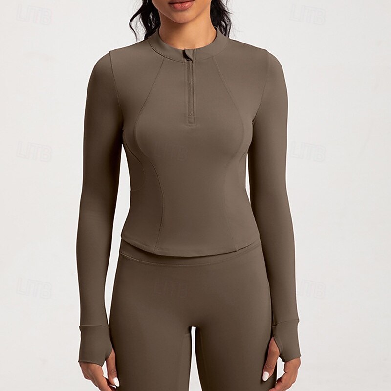 Women's Workout Shirt Breathable Zipper Long Sleeve Sports Solid Color Top For Pilates Running Yoga Activewear2