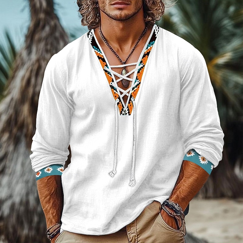 Men's Shirt Linen Shirt Viking Style Summer Shirt Beach Shirt Vintage Shirt Solid Color Vacation Casual Black White Green Long Sleeve V Neck Summer Spring Clothing Apparel Drawstring