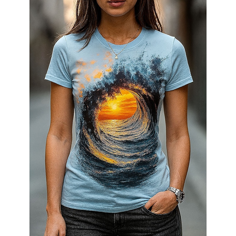 Women's T Shirt Ombre Graphic Ocean Vintage Stylish Classic Short Sleeve Crew Neck Round Neck Regular Tops Daily Weekend Print Blue Summer Spring