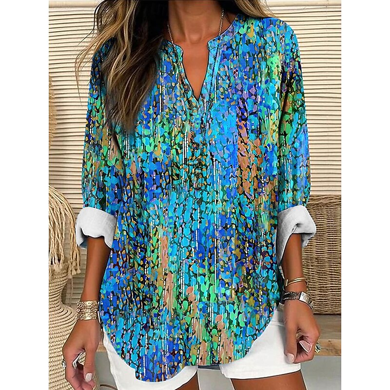 Women's Blouse Tunic V Neck Long Sleeve Boho Casual Tops Ombre Graphic Vintage Tropical Regular Tops Daily Wear Print Blue Purple Orange Green2