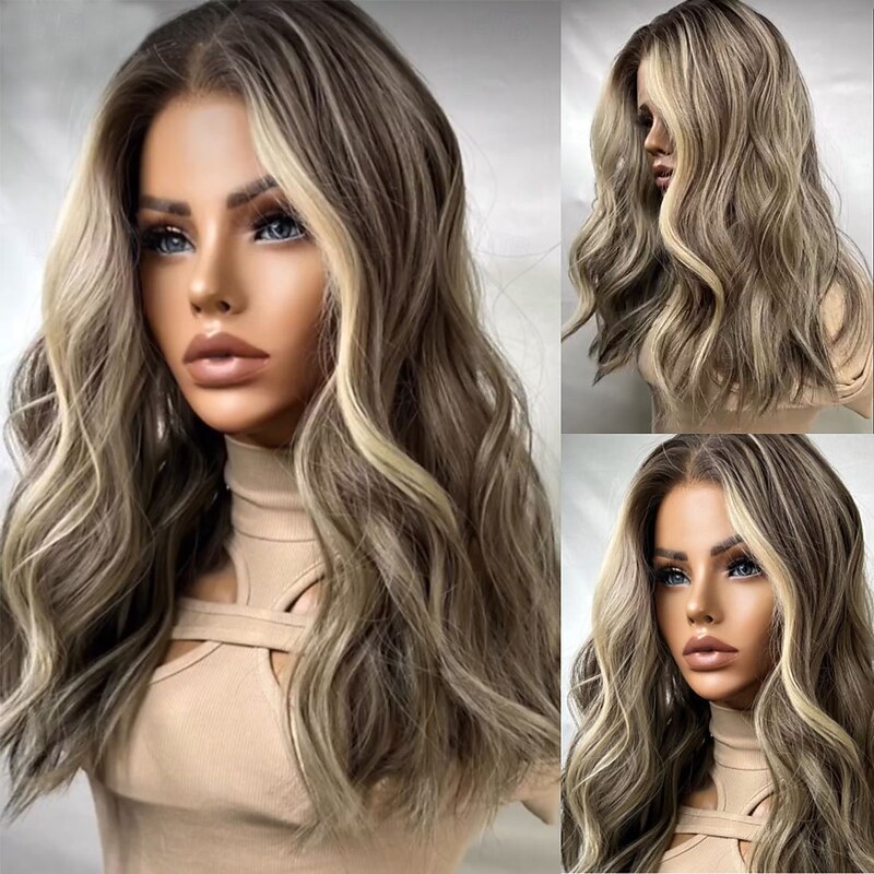 Brazilian  Remy Human Hair Glueless  Lace Closure Wigs 13x4 Lace Front Wig Hair Wavy Ash Blonde Highlighted  Human Hair Wig  with Baby Hair 100% Virgin Pre-Plucked For Women