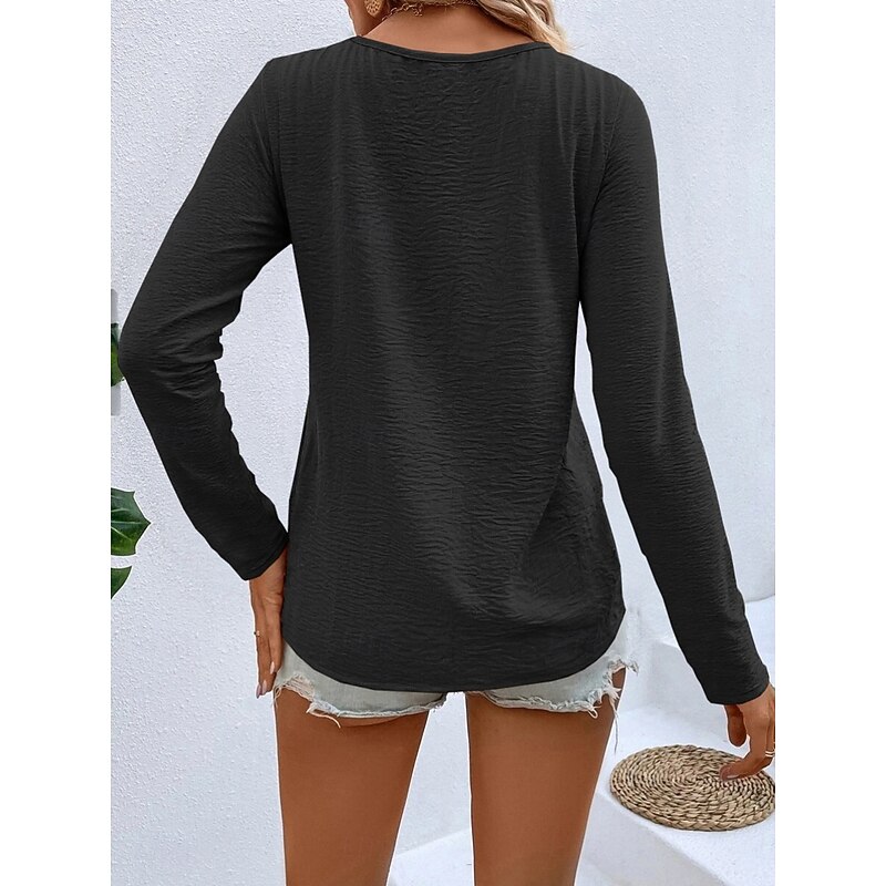 Women's Blouse Solid Color Stylish Casual Long Sleeve V Neck Regular Tops Daily Buttons Black White Navy Blue Green Summer Spring Fall3