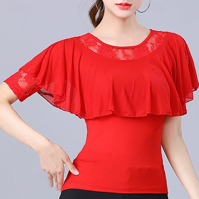 Latin Dance Top Lace Pure Color Splicing Women's Performance Training Short Sleeve High Polyester