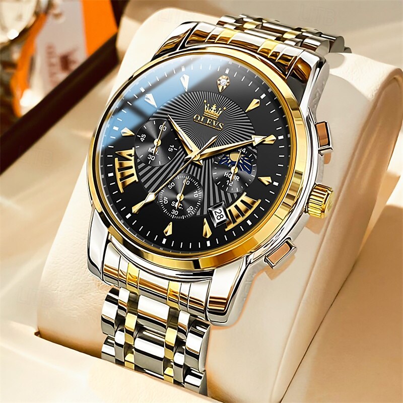 The New Olevs Brand Men'S Business Watch Luminous Waterproof Moon Phase Chronograph Multi-Functional Fashionable Quartz Watch Casual Sports Men'S Wristwatch