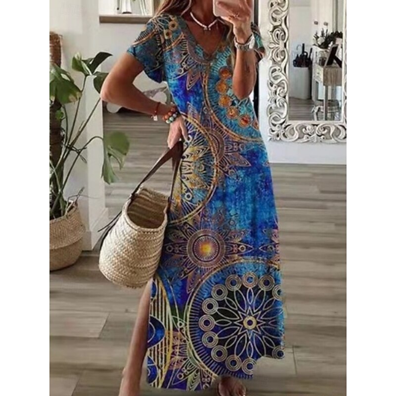 Women's Maxi Dress A Line Dress Summer Dress Casual Daily Regular Fit Floral Graphic Short Sleeve V Neck Navy Blue Orange Green Summer3