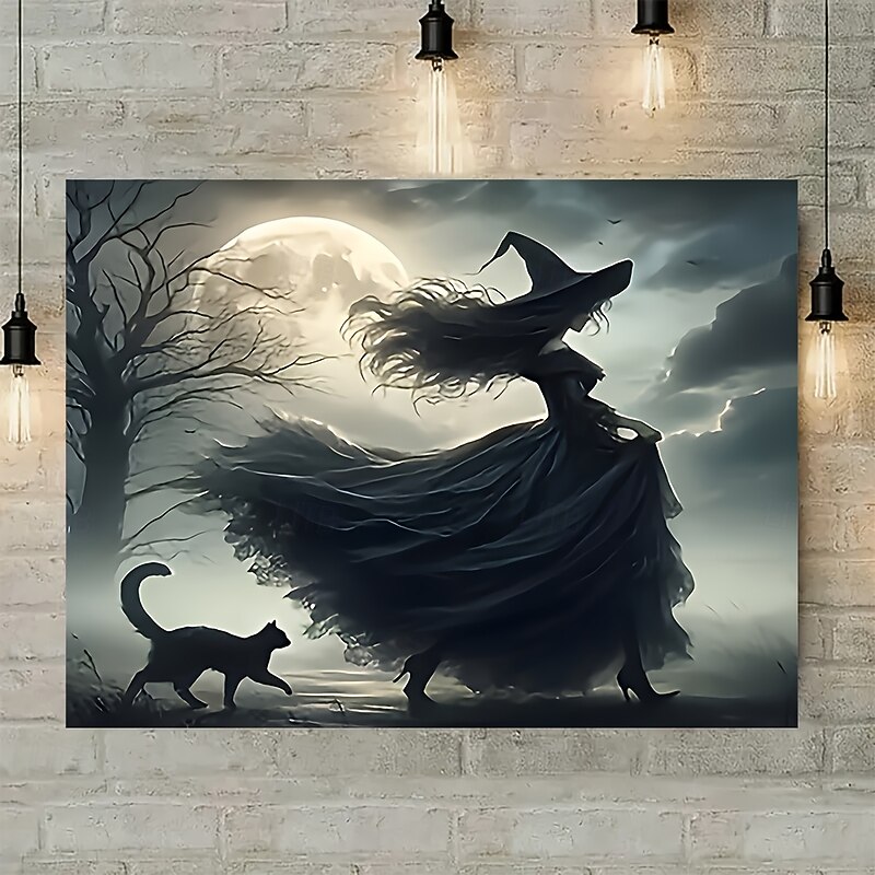 Witch and Her Black Cat Walking - Frameless Canvas Art Gothic Halloween Poster Vintage Dark Aesthetic Wall Decor for Home2
