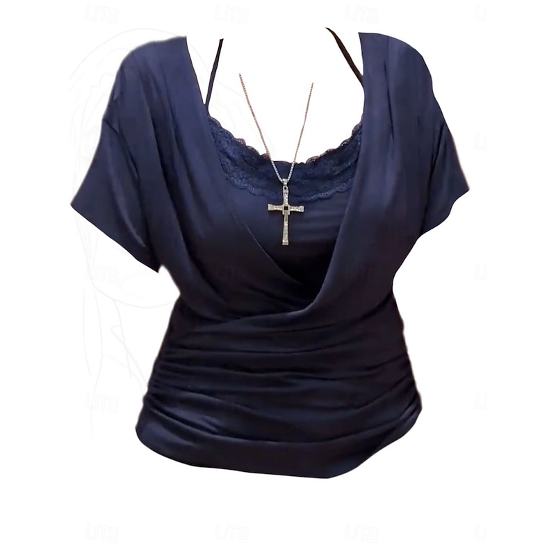 Women's Lace Shirt Solid Color Stylish Modern Short Sleeve Halter Neck Regular Tops Daily Holiday Lace Patchwork Black Navy Blue Purple Summer