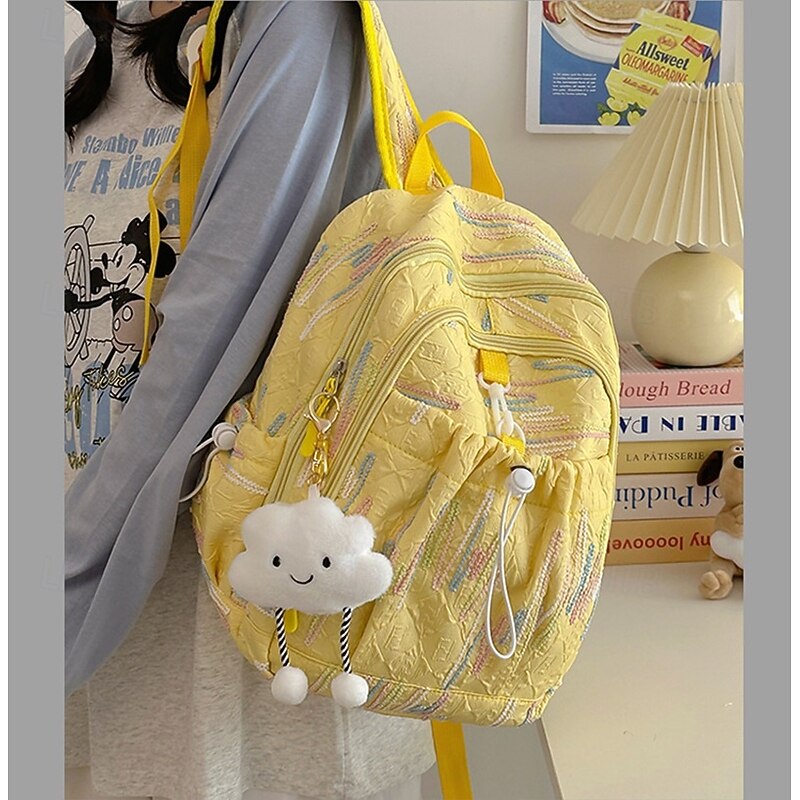 Girls' Pastel Pink Quilted Backpack – Cute Lightweight School Bag with Cloud Keychain and Front Drawstring Pocket4