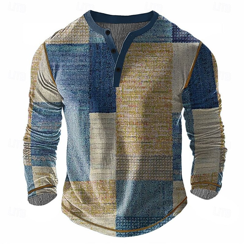 Men's Patchwork Henley Shirt Waffle T Shirt Long Sleeve Vintage Daily Retro Vintage Sports Outdoor Casual Holiday Spring & Summer All Seasons Dark Brown Navy Blue Green Henley Henley T-Shirt