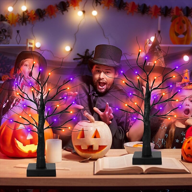 1 Pack 21.65 Inch Black Halloween Tree with Orange Purple Lights USB/Battery Operated Light Up Halloween Table Decorations Spooky Halloween Decorations Indoor Home Mantle Room Party Decor3