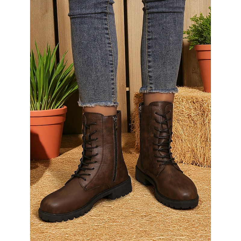 Women's Brown Faux Leather Combat Boots with Side Zipper – Lace-Up Ankle Boots for Fall Outdoor Work, Farm Chores & Everyday Casual Wear3