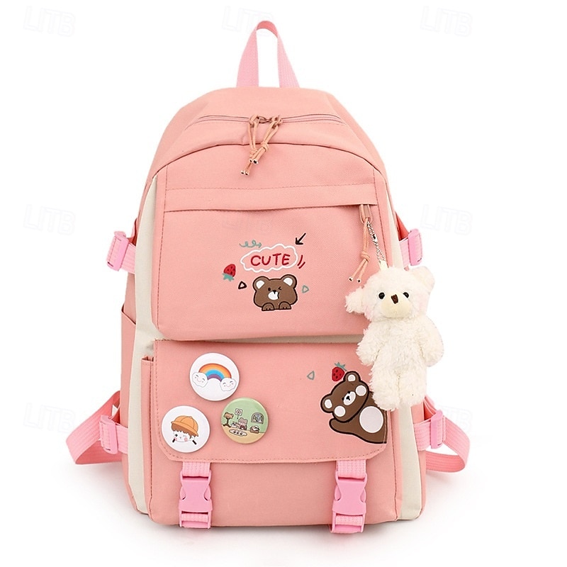 Girls 5-in-1 Cute Bear Backpack Set – Pink School Bag with Tote, Crossbody Pouch, Drawstring Bag and Pencil Case for Elementary and Middle School Students2