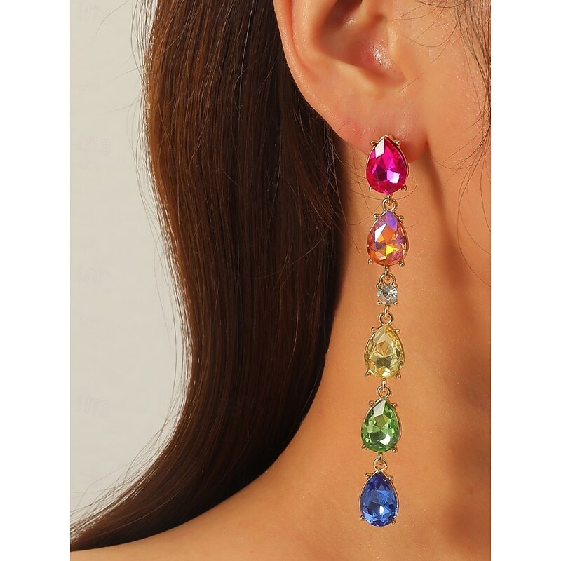 Women's Rainbow Crystal Drop Earrings - Colorful Teardrop Statement Jewelry for Parties and Celebrations
