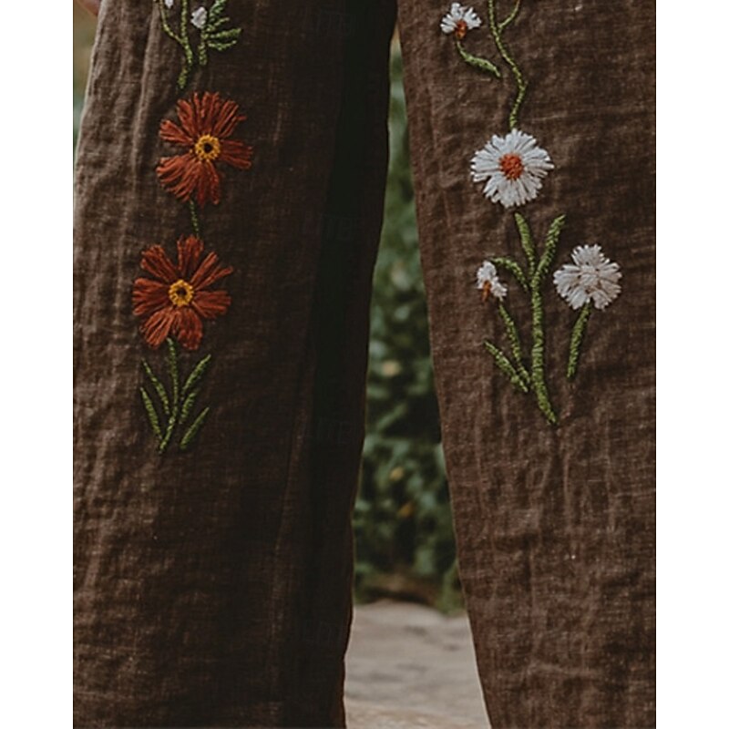 Women's Wide Leg Pants Trousers Palazzo Pants Fashion Boho Full Length High Waist Flower Elastic Waist Print Breathability Comfortable Street Daily Wear Going out dark brown Coffee Spring Fall4