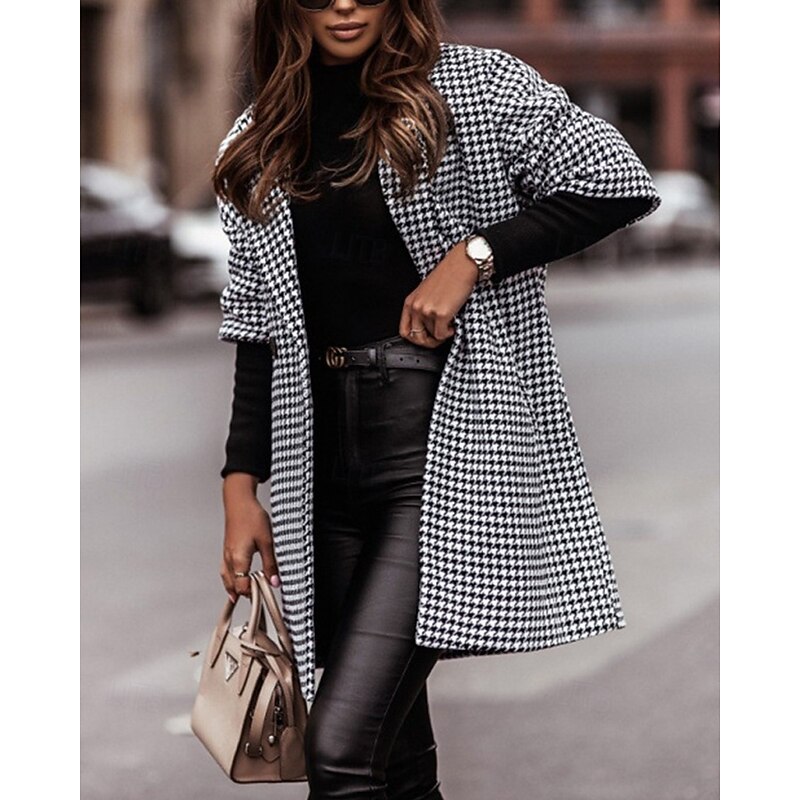Women's Casual Jacket Trench Coat Comfortable Buttons Fashion Modern Casual Houndstooth Going out Weekend Double Breasted Long Turndown Regular Fit 3/4 Length Sleeve Outerwear Black Fall Winter