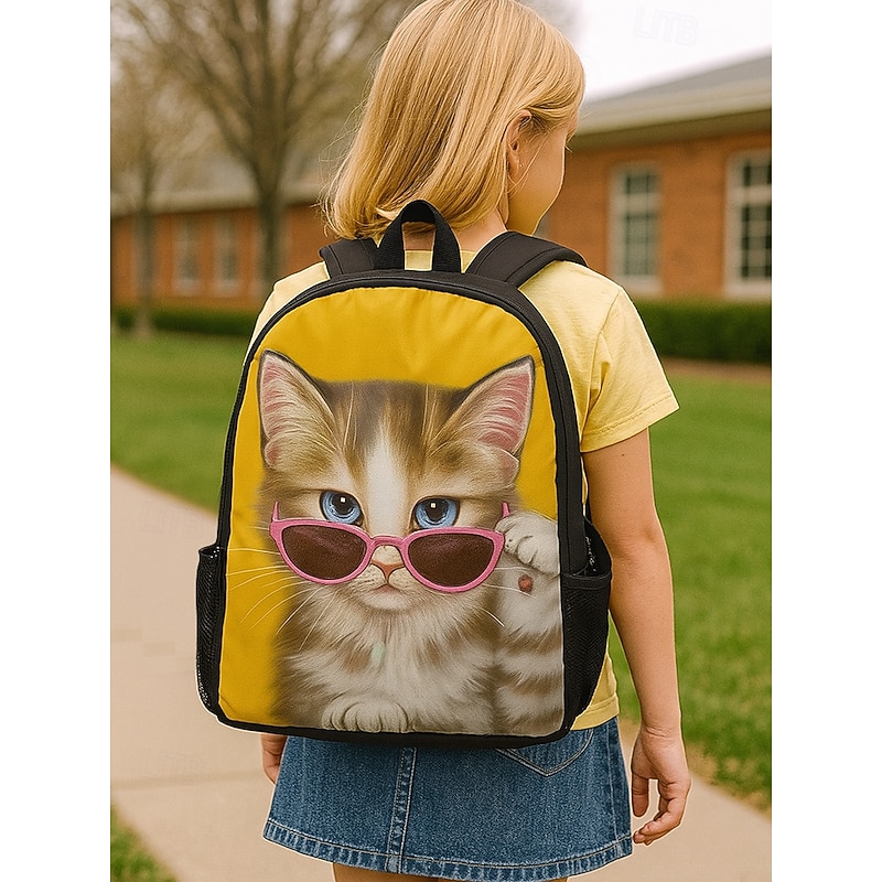 Kid's Cute Kitten Print Double Layer Design Backpack by Kayomi Harai- Large Capacity Kids School Bag for Elementary School, Daily Use and Outdoor Activities