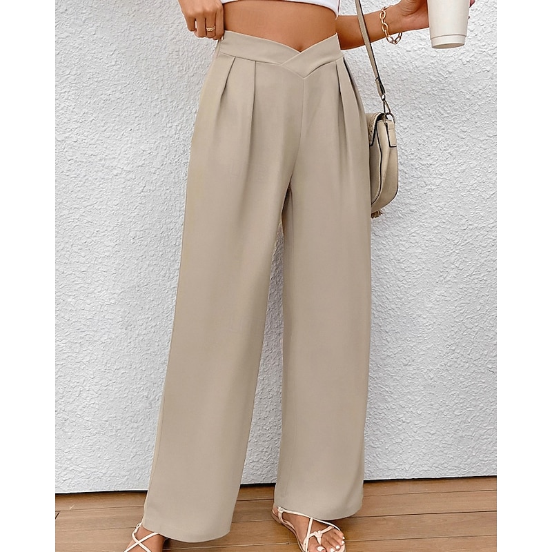 Women's Wide Leg Slacks Streetwear Casual Full Length Natural Plain Pocket Elastic Waist Comfortable Street Holiday Weekend Black Khaki Fall Regular Fit