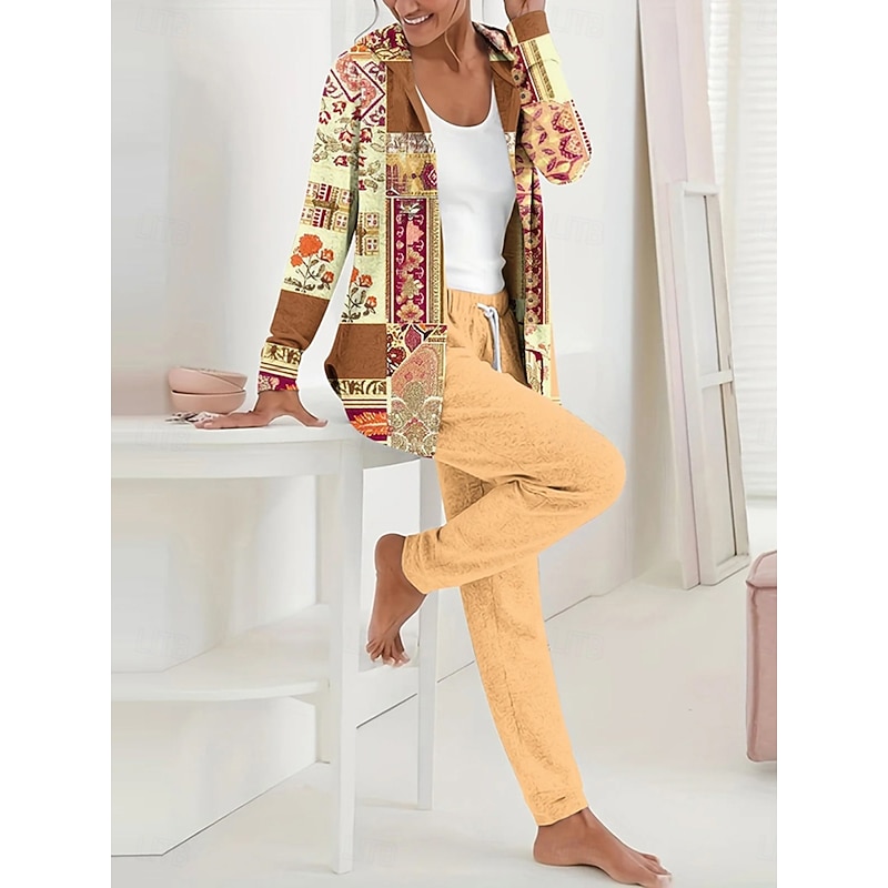 Women's 2 Pieces Hoodie Tracksuits Long Sleeve Daily Round Neck Hooded Floral Graphic Geometric Zipper Drawstring Print Casual Yellow Green Fall Regular Fit3