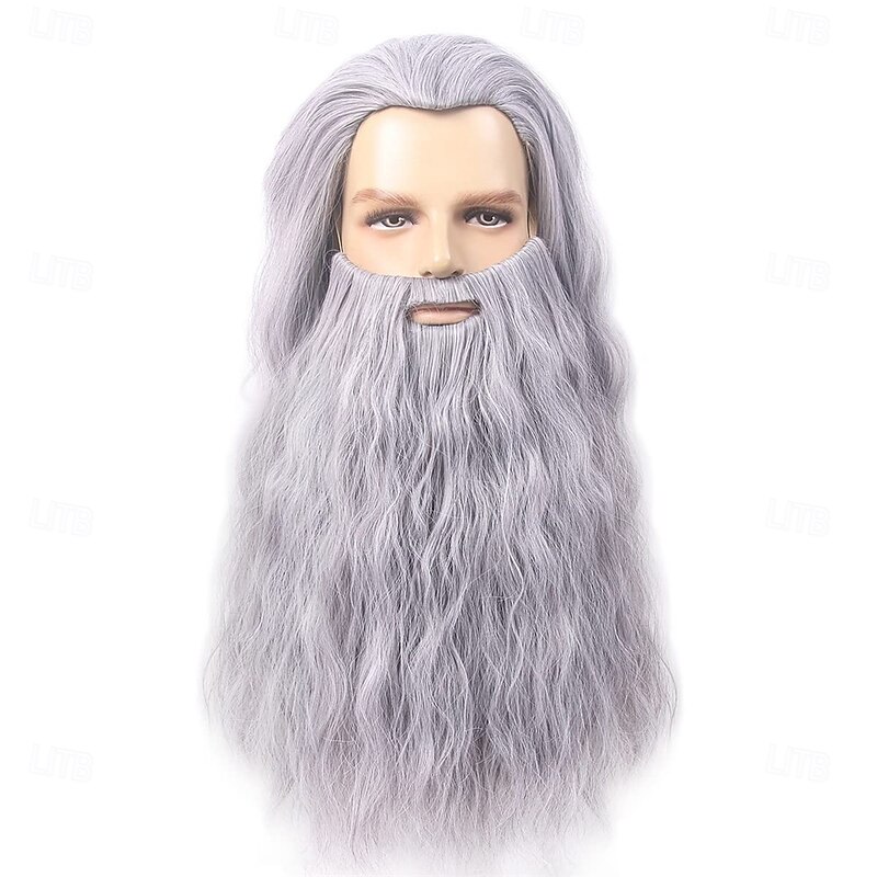 Old Man Costume Wizard Gandalf Beard and Wig set Jesus Fake Gray Long Synthetic Hair Wigs Halloween Beards4