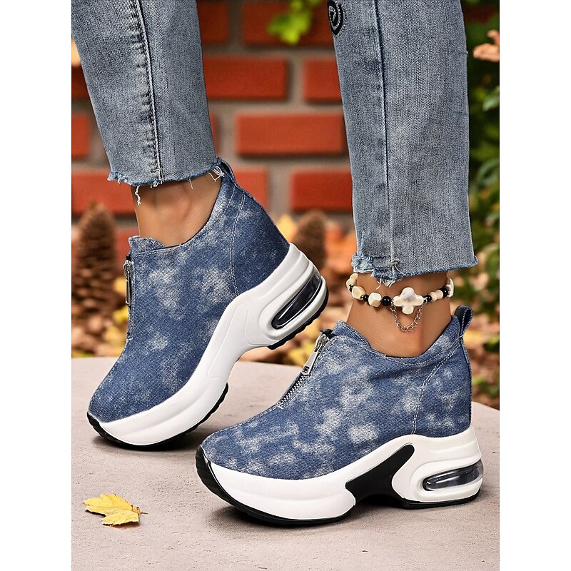 Women's Canvas Platform Sneakers with Air Cushion – Trendy Zip-Up Wedge Walking Shoes for Casual Outfits, Street Style and Travel