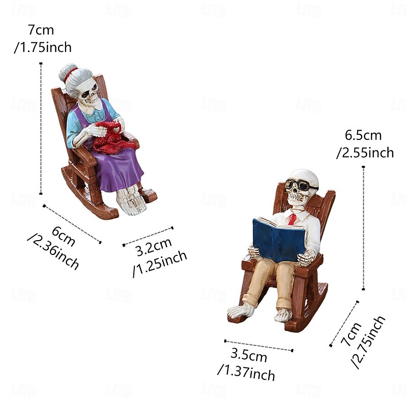 2PCS Halloween Resin Reading Skeleton Elderly on Rocking Chair Figurines, Spooky Outdoor Yard, Lawn, Planter, and Desktop Decorations3