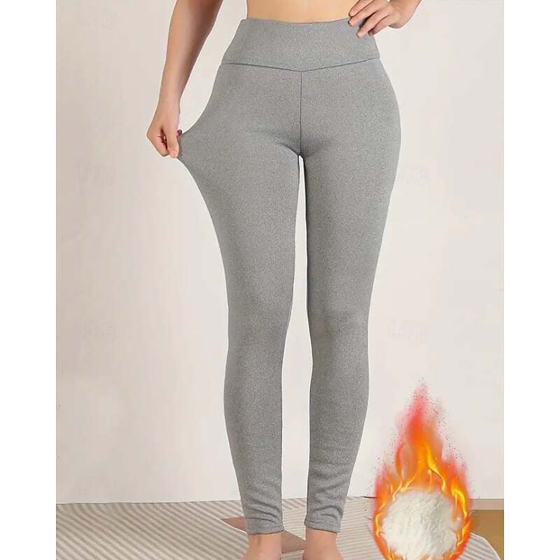 Women's Fleece Pants Slacks Leggings Streetwear Casual Full Length Natural Plain Elastic Waist Thermal Warm Comfy Vacation Going out Black Grey Grey Light Grey Winter Regular Fit4
