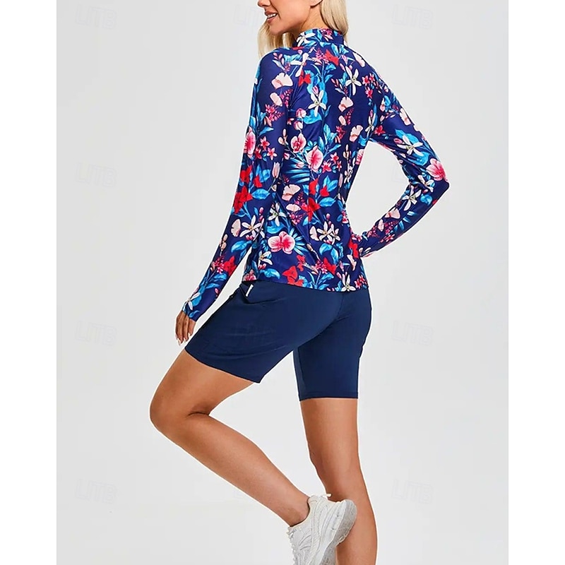 Women's Golf Polo Shirt Tennis Shirt Long Sleeve Print Quarter Zip Pullover UV Protection Elastic Breathable Tennis Golf Pickleball Zip Collar Shirt Polo Dark Blue Tennis Clothing2