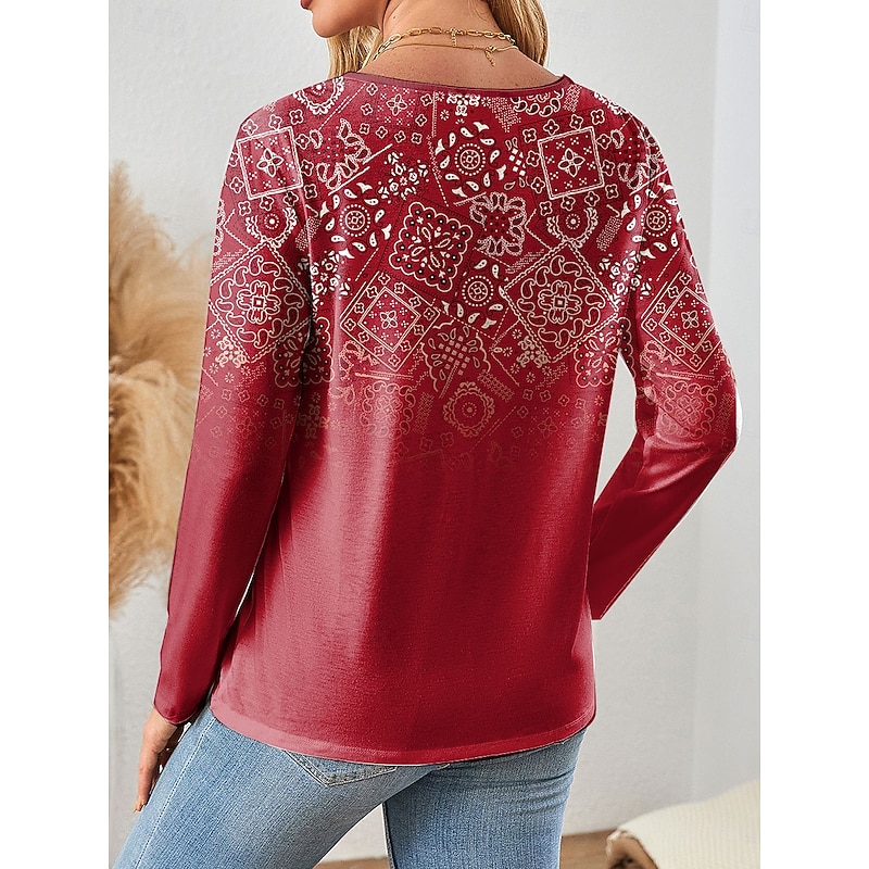 Women's T shirt Long Sleeve Quarter Zip Long Sleeve Casual Ombre Graphic Paisley Elegant Vintage Stylish V Neck Regular Tops Daily Red Blue Purple Green Khaki Spring Fall Prefall2