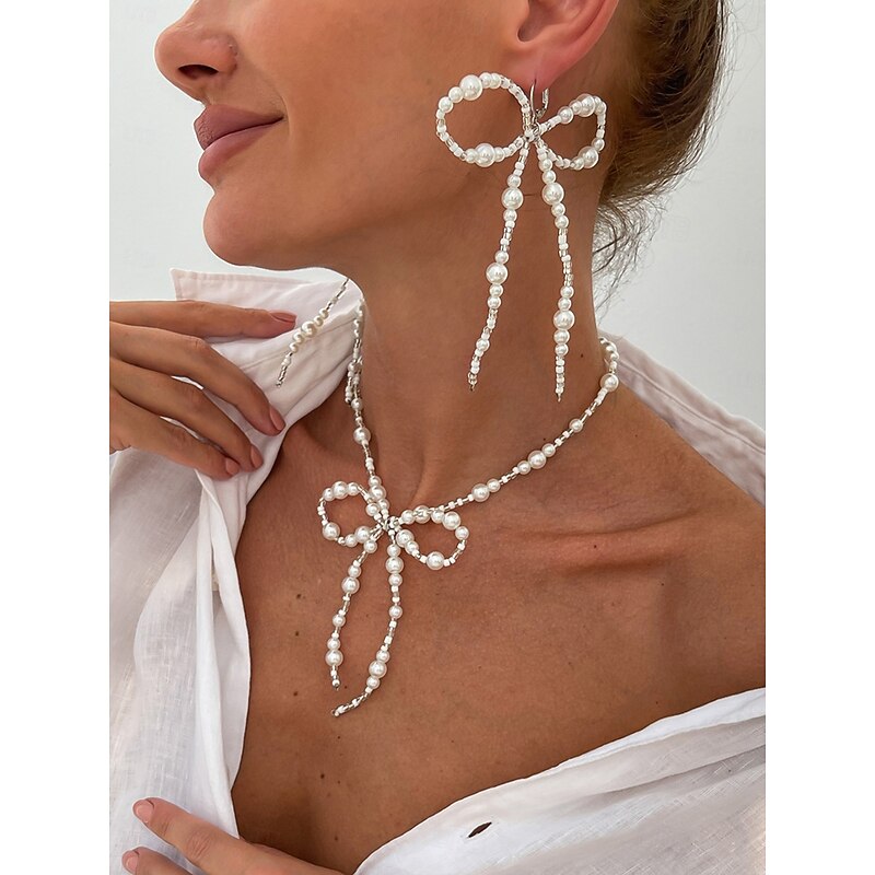 Women's Pearl Bow Necklace and Drop Earrings Set - Elegant Statement Jewelry for Fashion Parties and Cocktail Events