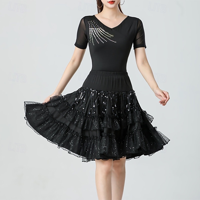 Latin Dance Skirts Pure Color Splicing Sequins Women's Performance Training Short Sleeve High Polyester2