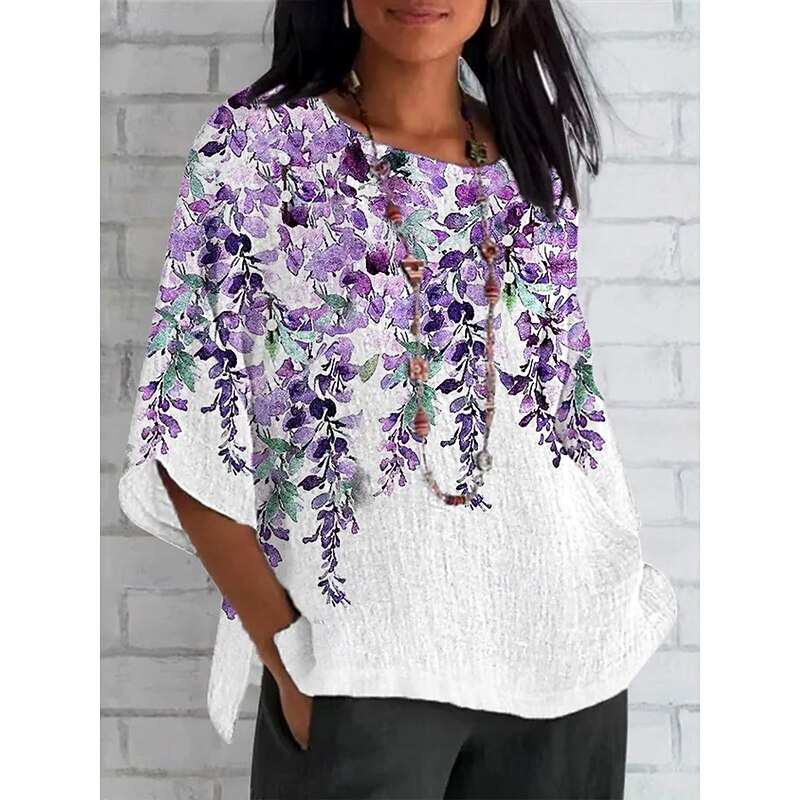 Women's T Shirt Ombre Floral Graphic Vintage Classic Casual 3/4 Length Sleeve Crew Neck Regular Tops Daily Weekend Beach Wear Print Violet Summer Spring Fall