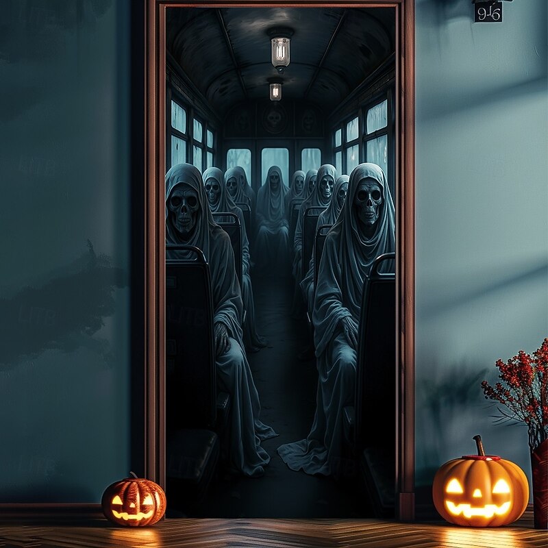 Halloween Door Cover – Shadowy Ghostly Figure in Fog, Haunted House Entrance Banner, Creepy Outdoor 2025 Halloween Decoration for Bedroom, Living Room, Bathroom3