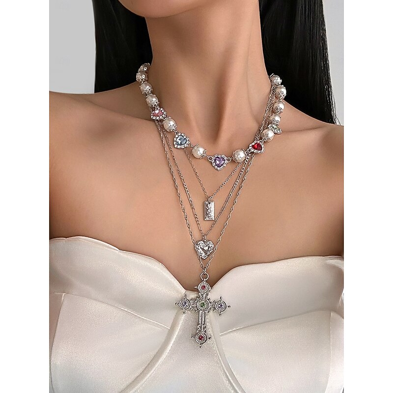Women's Baroque Pearl and Multicolor Heart Pendant Layered Necklace with Cross Charm - Elegant Statement Jewelry for Party, Wedding, and Evening Events2