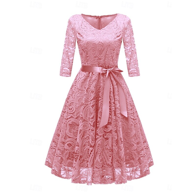 Women's Midi Dress Lace Dress Cocktail Dress Wedding Guest Dress Chiffon Elegant Fashion Modern Outdoor Cocktail Party Regular Fit Plain 3/4 Length Sleeve V Neck Pink Wine Gray Summer Spring Fall4