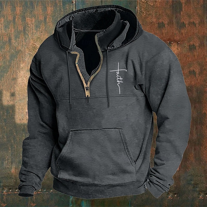 Men's Hoodie Wine Navy Blue Green Khaki Light Grey Hooded Cross Front Pocket Quarter Zip Daily Holiday Going out Polyester Streetwear Casual Fall Winter Clothing Apparel Hoodies Sweatshirts