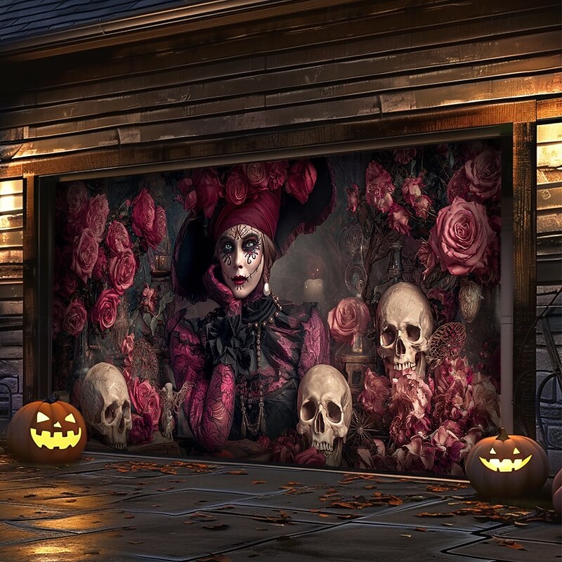 Halloween Outdoor Garage Door Cover Gothic Sugar Skull Skeletons Banner Large Tapestry Backdrop Decoration for Holiday Outdoor Garage Door Home Wall Decorations3