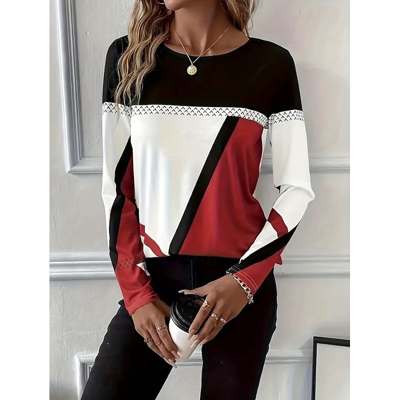 Easter Women's T shirt Long Sleeve Crew Neck Long Sleeve Tunic Graphic Plaid Vintage Stylish Classic Round Neck Regular Tops Daily Print Black Red Blue Purple Brown Fall Prefall3