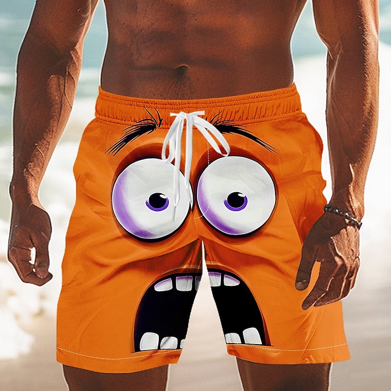Men's 3D Cartoon Smile Face Big Eyes Swim Trunks Swim Shorts Board Shorts Mid Waist Funny Outdoor Vacation Dailywear Side Pockets Mesh Lining Elastic Drawstring Waist Designer Clothing Apparel