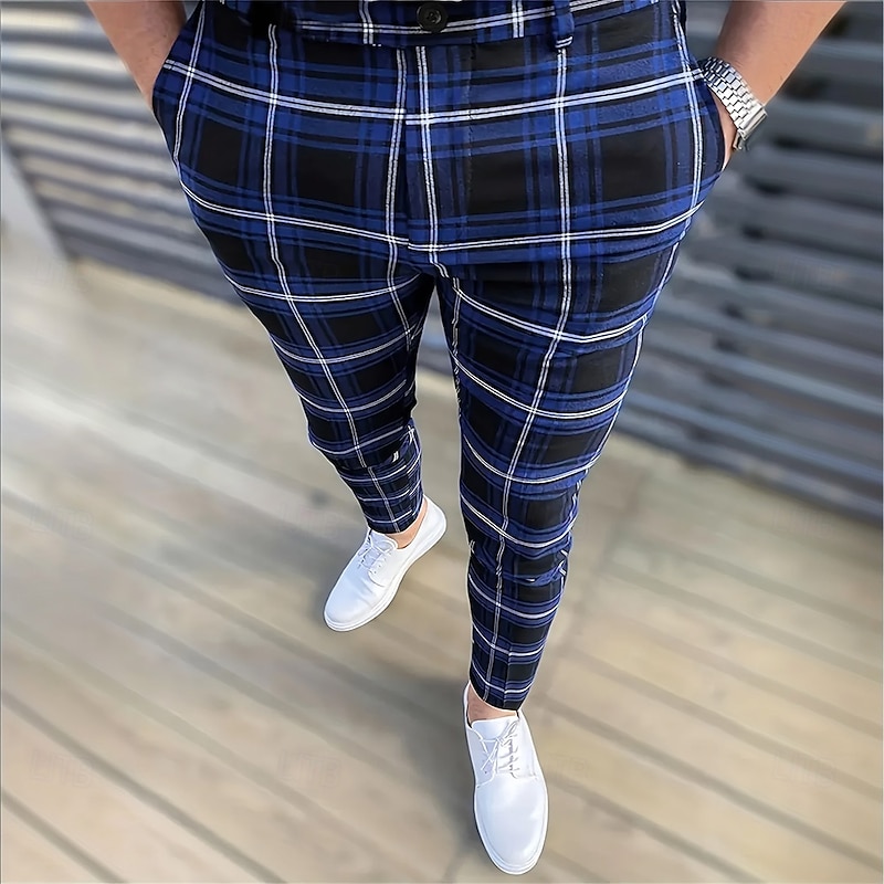 Men's Geometric Grid / Plaid Dress Pants Trousers Suit Pants Mid Waist Business Casual Formal Dailywear Slim Fit Pants with Pockets Spring Fall 3D Print Yellow Blue Dark Blue3
