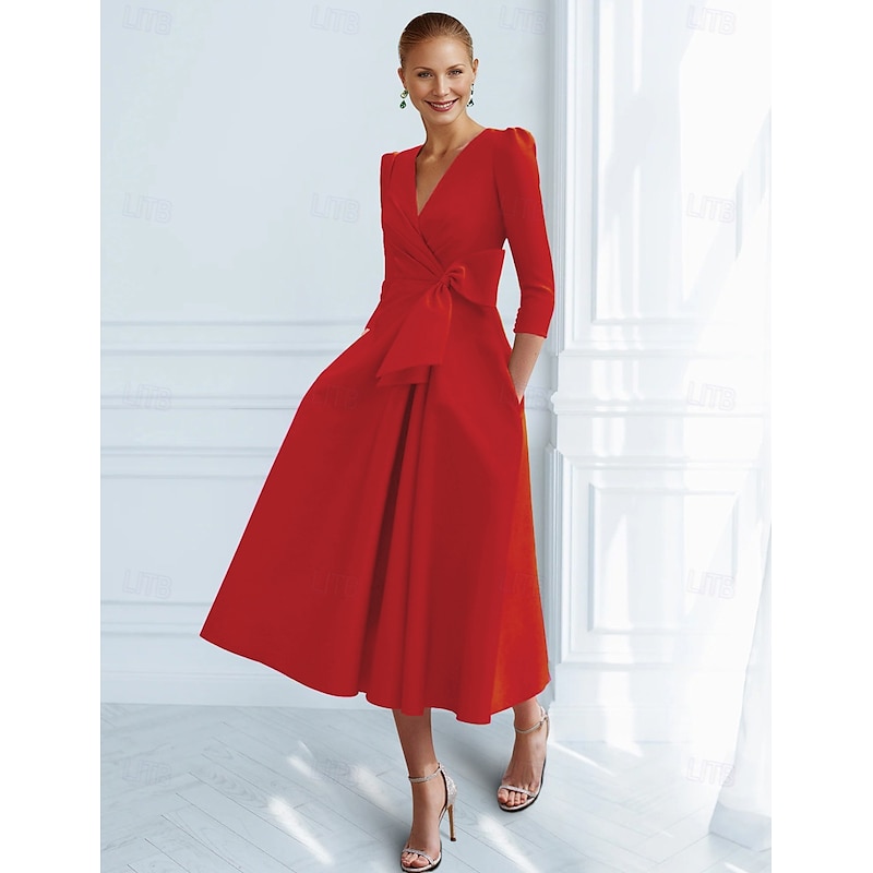 A-Line Cocktail Dresses Elegant Dress Formal Ankle Length 3/4 Length Sleeve V Neck Pocket with Bow(s) Ruched Dresses4
