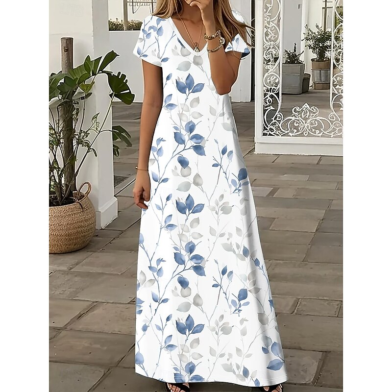 Women's Floor length Casual Dress A Line Dress Summer Dress Elegant Vacation Vintage Regular Fit Floral Graphic Bohemian Short Sleeve V Neck U Neck Light Blue Summer Spring Fall