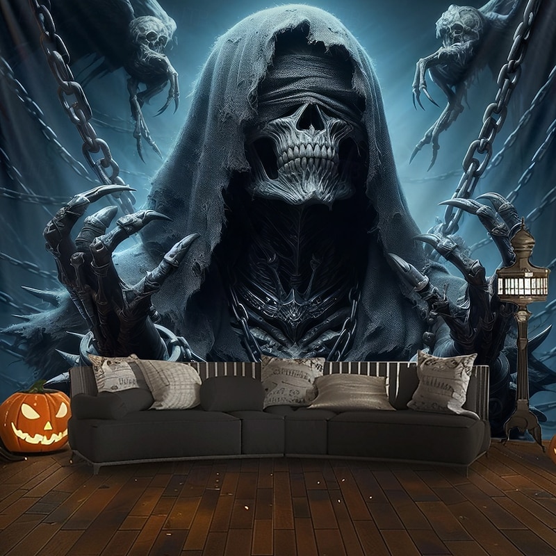 Halloween Hanging Tapestry Death God Photograph Backdrop Jack O Lantern Wall Art Large Tapestry Mural Decor Blanket Curtain Home Bedroom Living Room Decoration Death Selfie