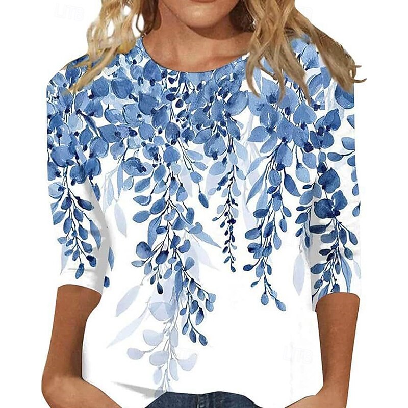Women's T Shirt Floral Fashion Modern Long Sleeve Crew Neck Regular Tops Daily Blue Purple Gray Summer