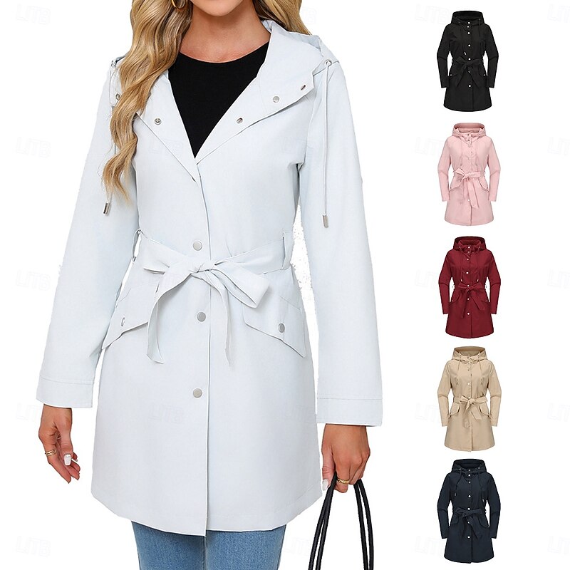 Women's Coat Waterproof Comfortable Pocket Buttons Fashion Street Style Plain Outdoor Casual Daily Long Hooded Regular Fit Long Sleeve Outerwear Black White Pink Spring Fall