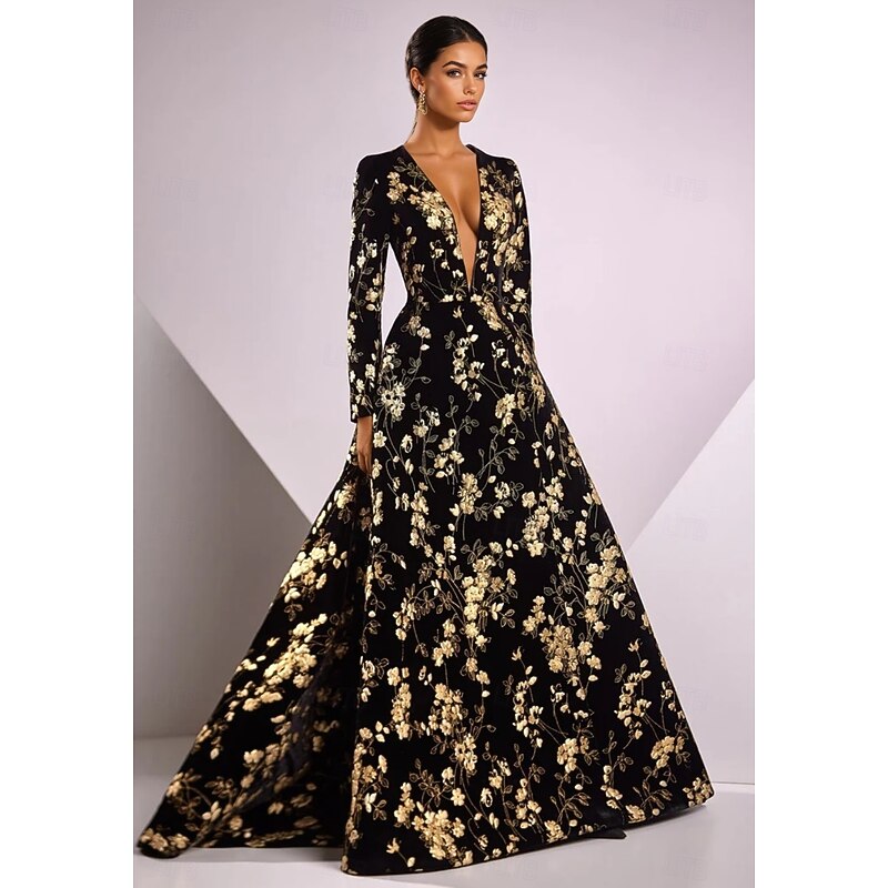 Black Tie Gold Floral A-Line Evening Gown Elegant Dress Formal Wedding Floor Length Long Sleeve V Neck Pocket Nylon4