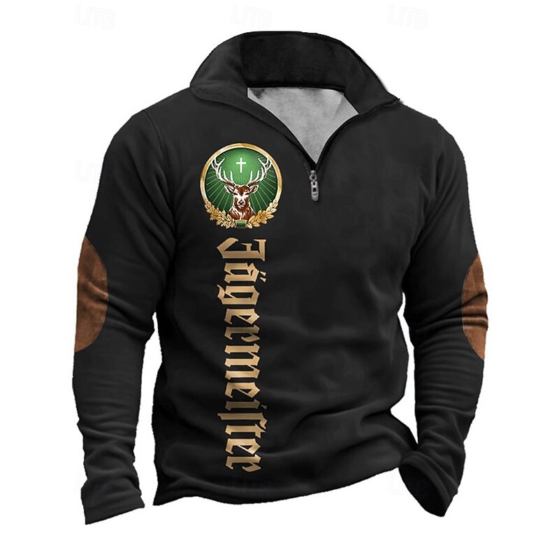 Men's Sweatshirt Quarter Zip Sweatshirt Black Green Gray Half Zip Reindeer Letter Print Quarter Zip Sports & Outdoor Daily Holiday Polyester Streetwear Basic Casual Spring Fall Clothing Apparel3